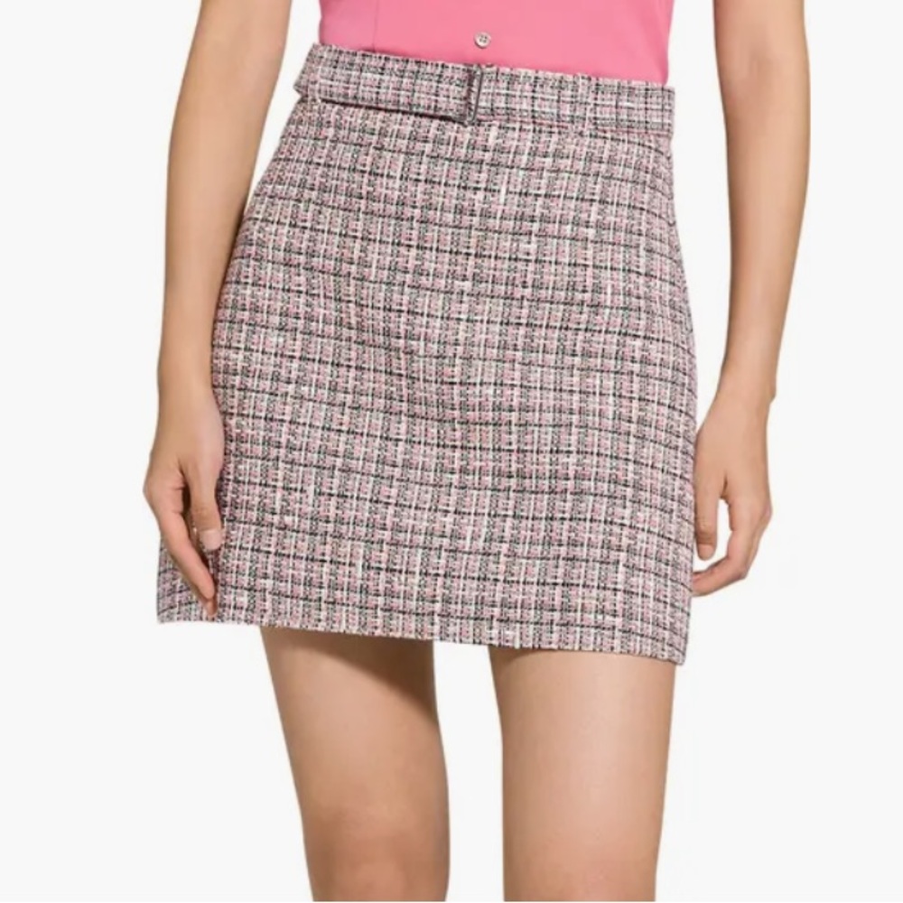 Theory Belted A-Line Plaid Mini Skirt cotton-blend tweed Size 16 Corpcore NWOT